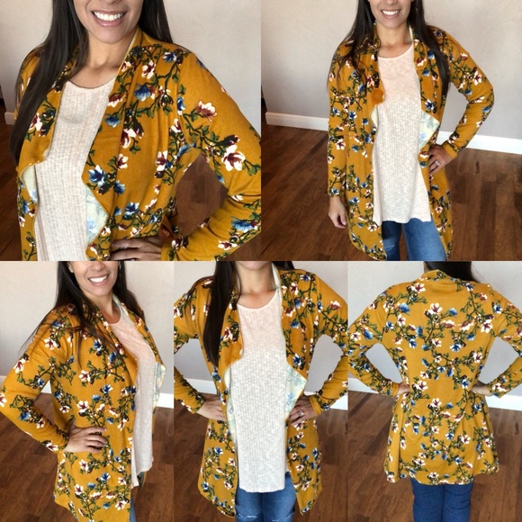 New Draped Mustard Floral Cardigan - Picture 2 of 8